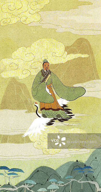 重阳节神话传说郑安期乘仙鹤飞升古代故事插画图片素材