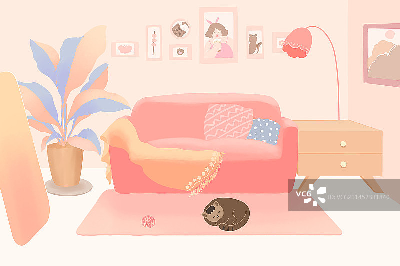 粉色小清新客厅插画图片素材