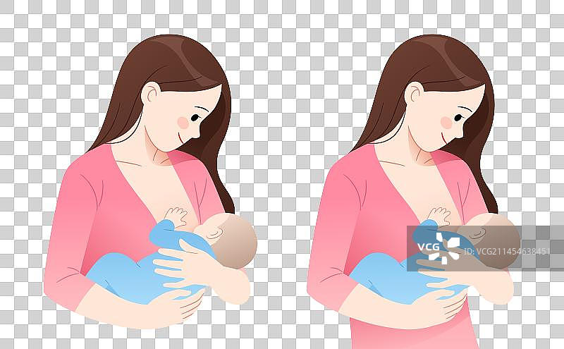 年轻妈妈侧面抱着婴儿母乳喂养矢量宣传插画元素图片素材