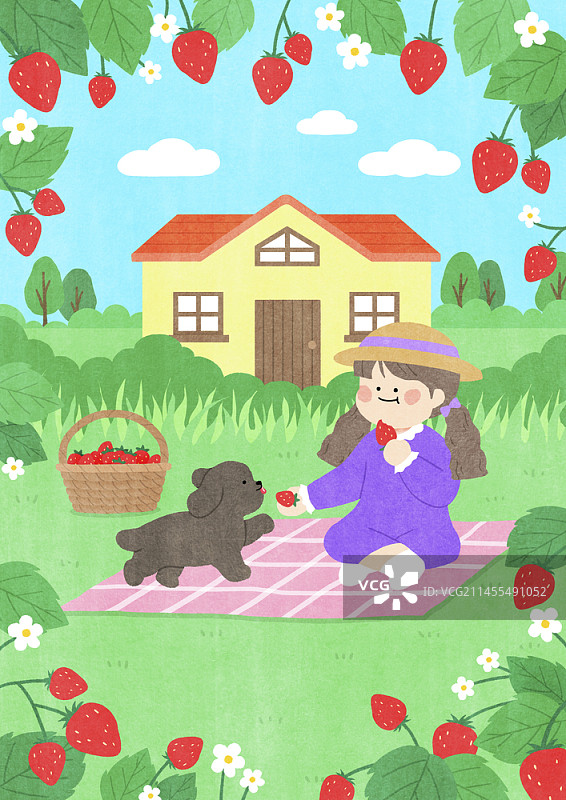 女孩和狗在野餐的插图图片素材