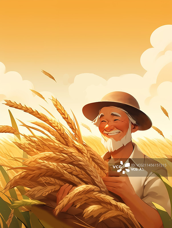 【AI数字艺术】农民爷爷抱着麦子丰收场景插画图片素材