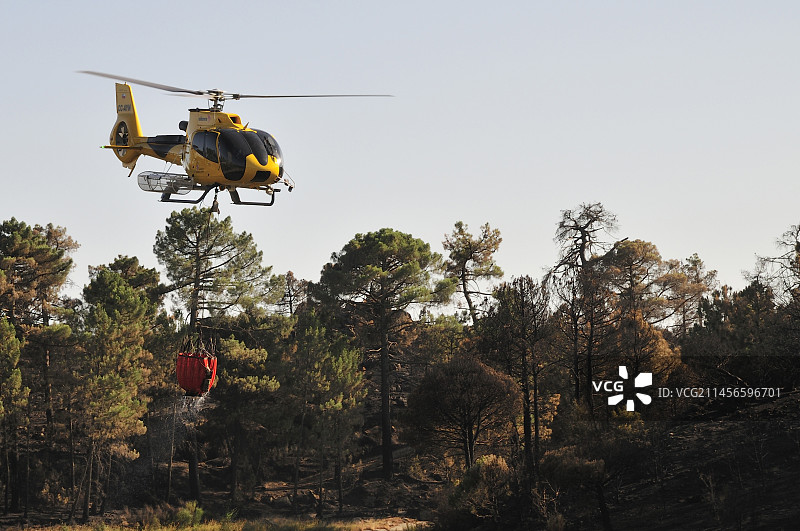 西班牙，直升机在野火上洒水图片素材