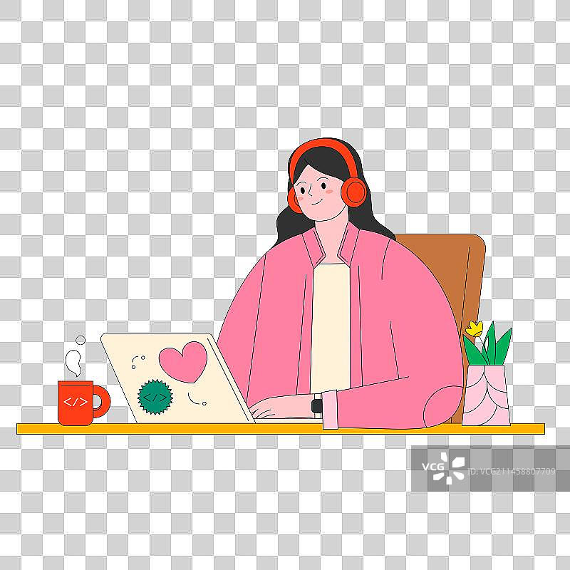 坐在电脑前工作的年轻女性矢量人物插画元素图片素材