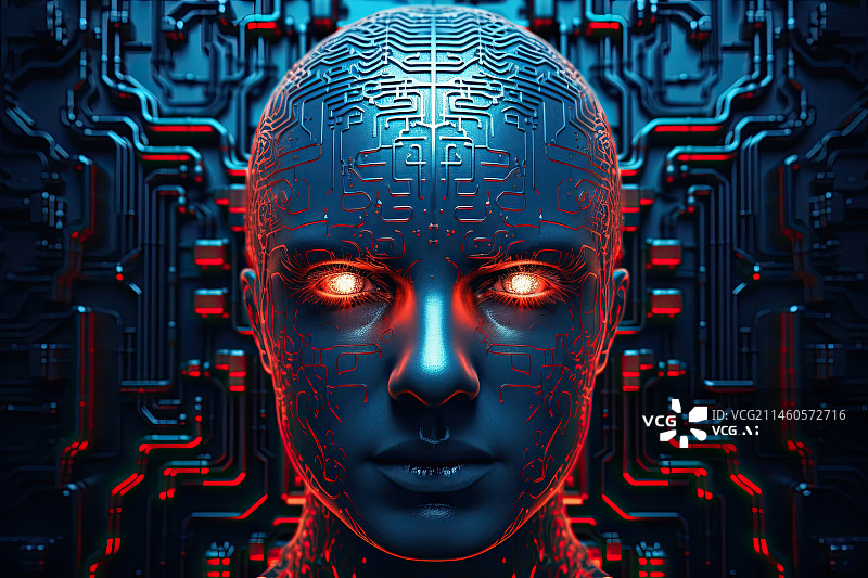 【AI数字艺术】人类与机械工业电子线路组合概念图片素材