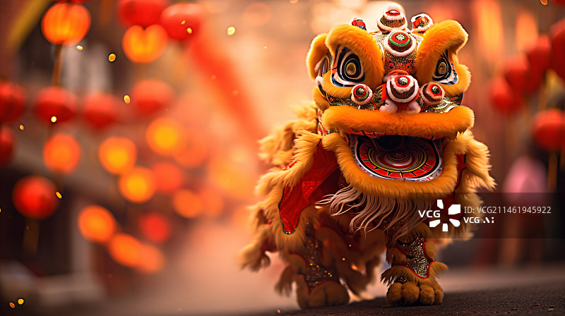【AI数字艺术】红色背景特写新年主题，春节新年舞狮文化概念插图图片素材
