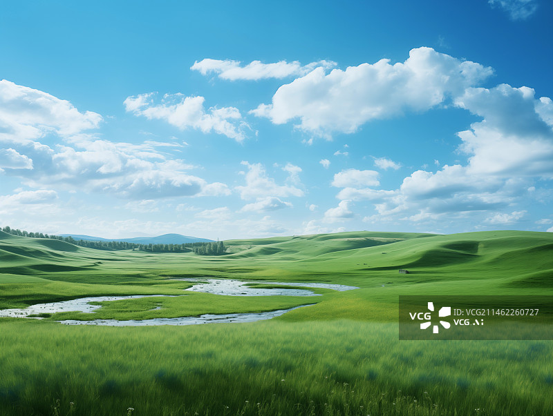 【AI数字艺术】蓝天白云下的草原图片素材