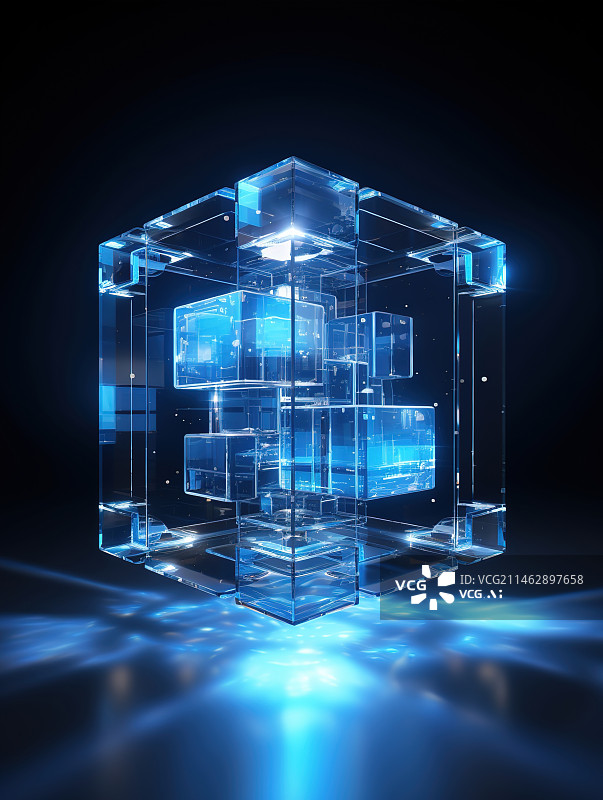【AI数字艺术】3D蓝色立方体发光创意抽象背景图片素材