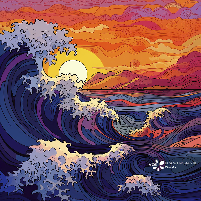 【AI数字艺术】日出夕阳日式浮世绘海浪插画图片素材