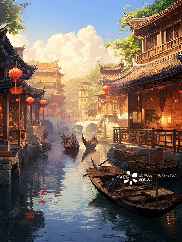 【AI数字艺术】国风插画——风景秀丽的江南古镇图片素材