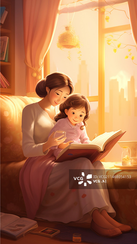 【AI数字艺术】立体风格家庭场景妈妈女儿母女看书读书插画图片素材