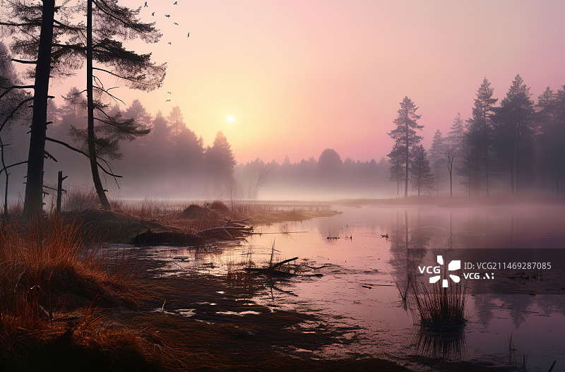 【AI数字艺术】日落时的森林对天景色图片素材