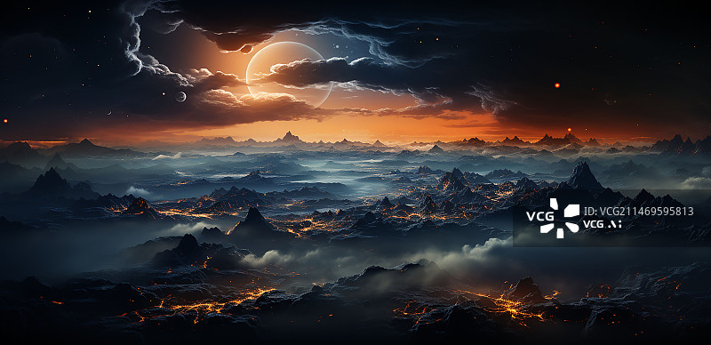 【AI数字艺术】概念感梦幻神秘日落时群山云海天空的景色图片素材