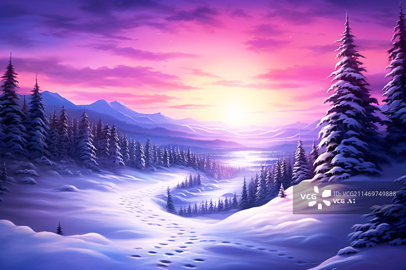 【AI数字艺术】唯美雪景和绛紫色的天空插画图片素材