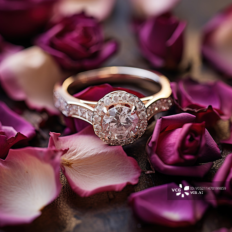 【AI数字艺术】玫瑰花瓣上的钻石戒指图片素材