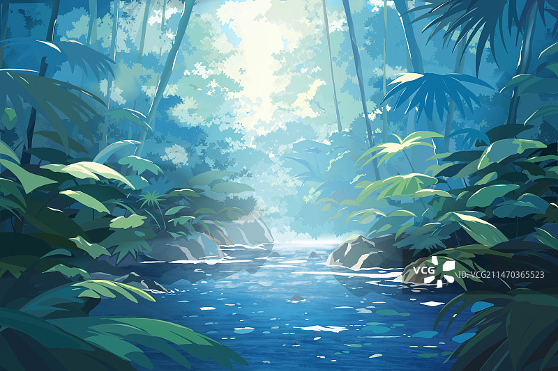 热带森林阳光壁纸背景海报画册墙绘插画图片素材