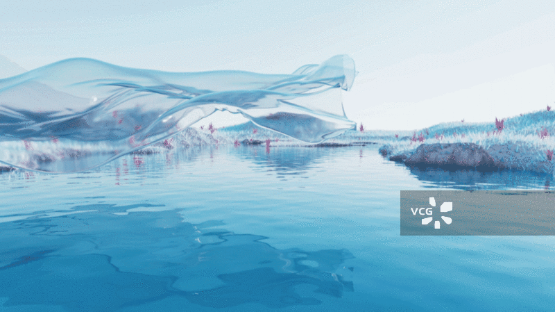 蓝色湖面与流动的透明布料3D渲染图片素材