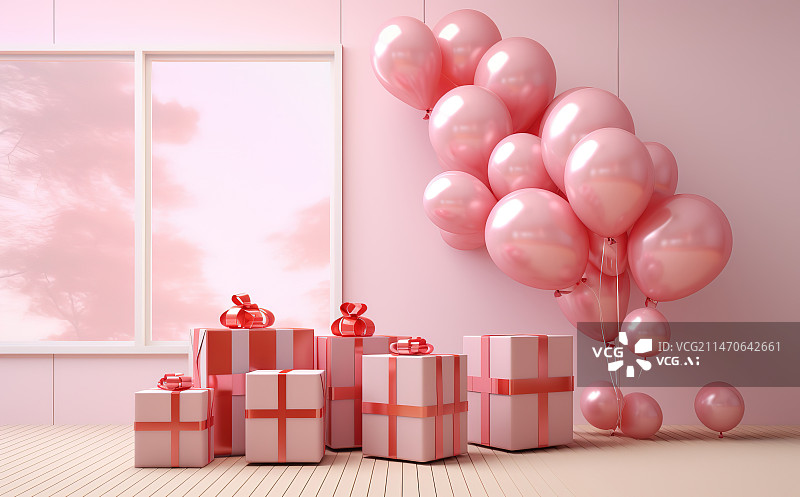 【AI数字艺术】粉红色背景下的气球和礼品盒图片素材