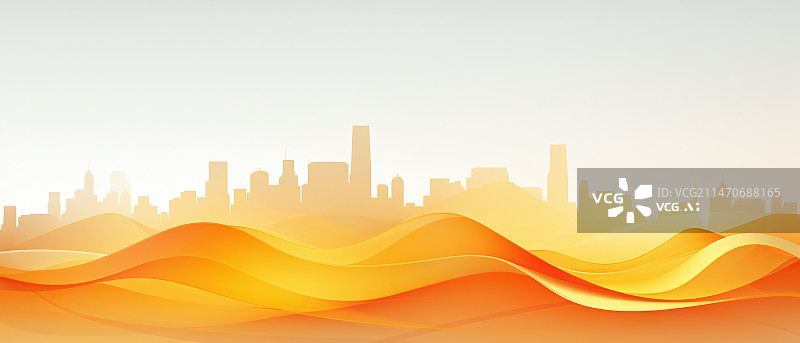 【AI数字艺术】橙色曲线流动与城市天际线抽象背景图片素材