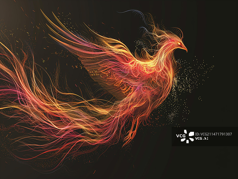 【AI数字艺术】光绘，飞翔的凤凰，优雅的姿势，金色和红色光，中国风图片素材