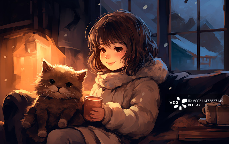 【AI数字艺术】一个小女孩在屋里和小猫和室外的雪景图片素材