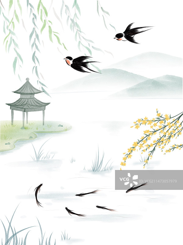 春天燕子归来柳树发芽鱼戏水节气插画图片素材