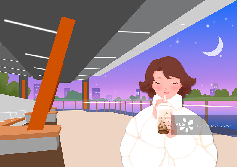 喝奶茶的女孩在河边码头图片素材