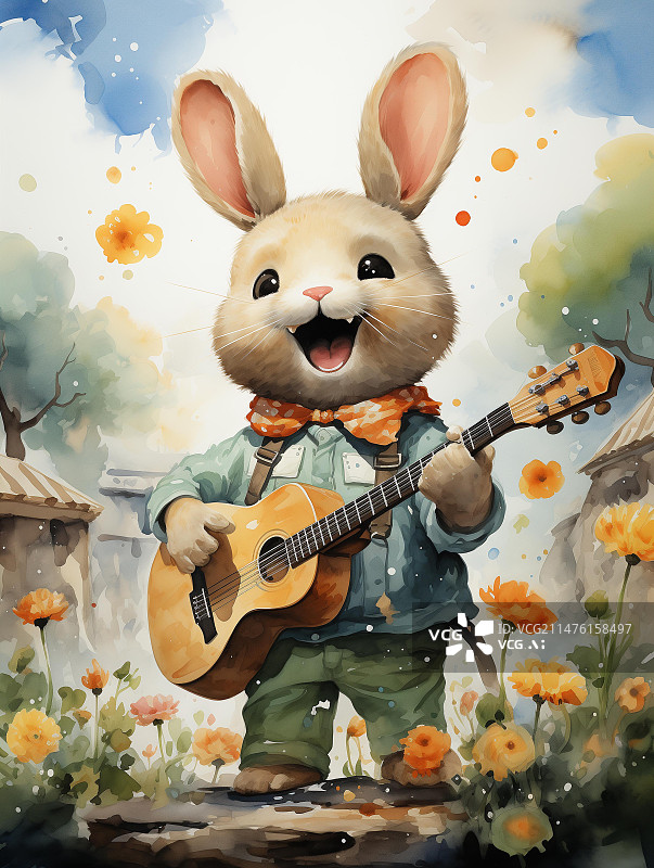 【AI数字艺术】水彩插画快乐的兔子图片素材