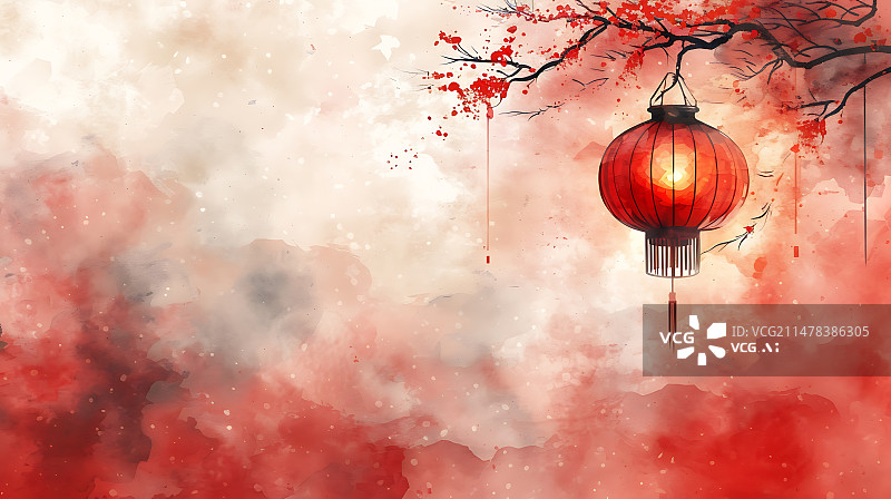 【AI数字艺术】水彩风格灯笼喜庆春节庆祝节日背景插画图片素材