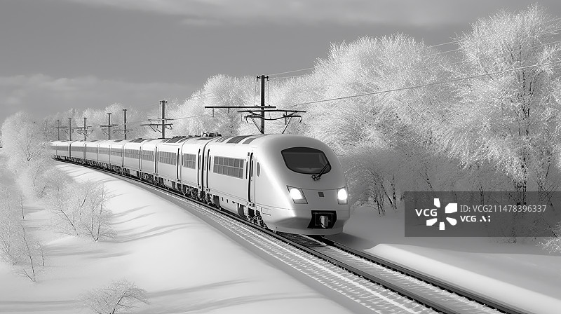 【AI数字艺术】冬天大雪下飞驰的高铁图片素材