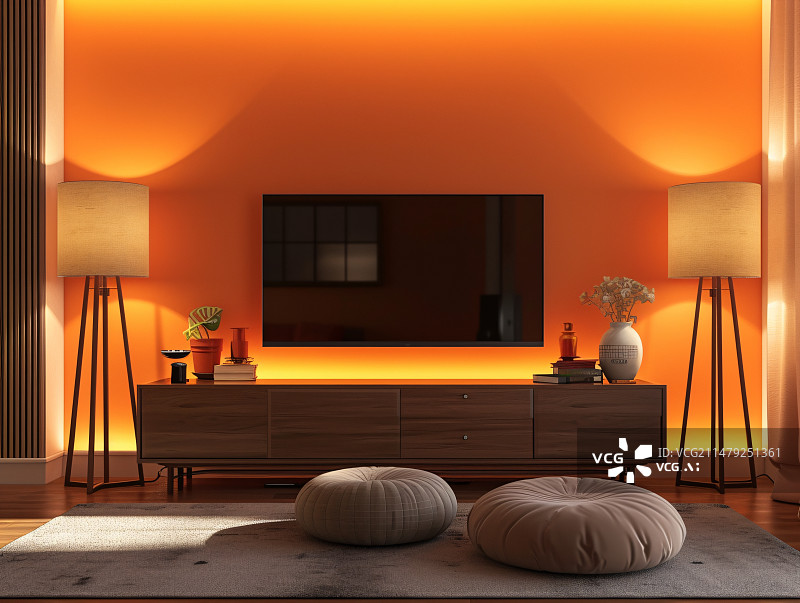 【AI数字艺术】简约现代风格家居客厅，现代客厅装饰电视柜场景插图图片素材