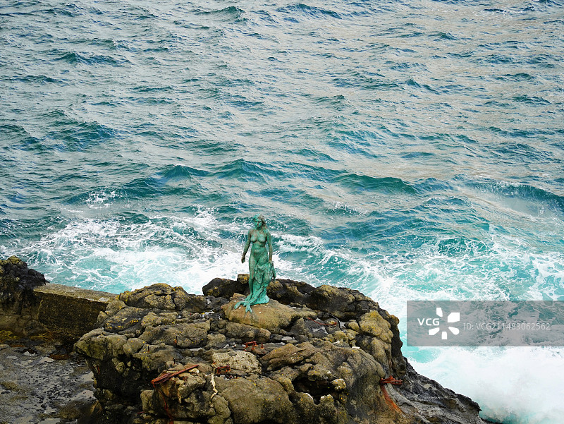 站在海边岩石上的海豹女的高角度视角图片素材