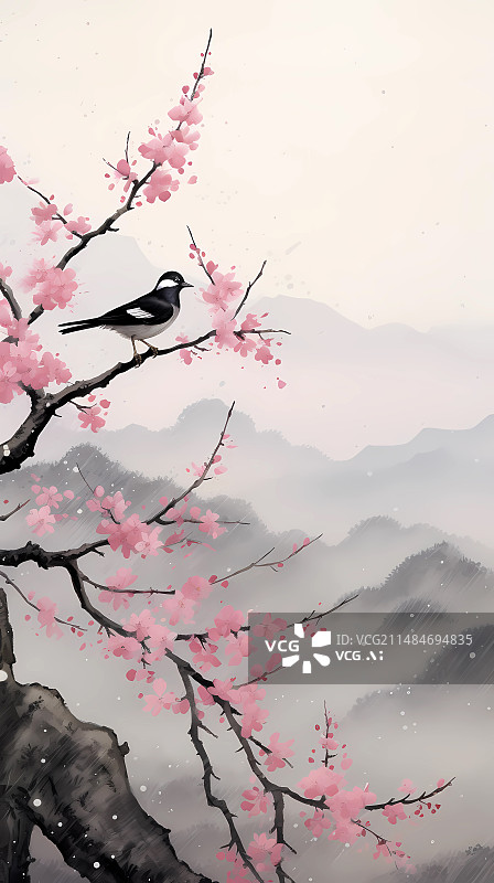 【AI数字艺术】中国风水墨樱花桃花黄鹂鸟插画图片素材