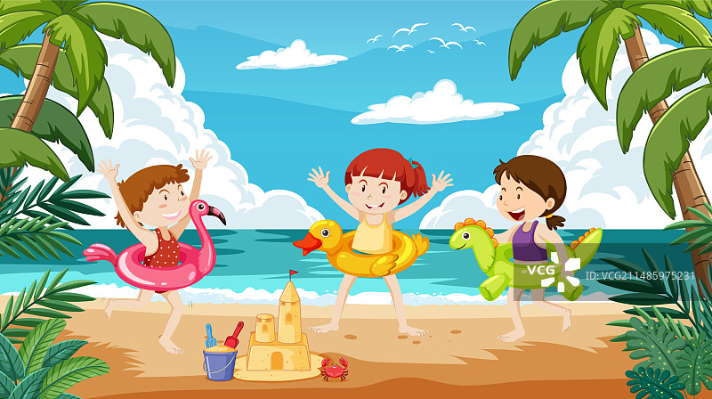 快乐的孩子们在沙滩上玩玩具图片素材
