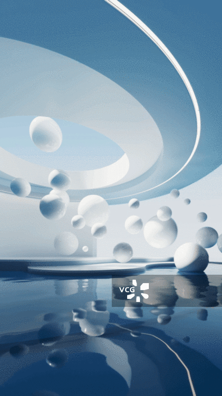 水面与飘浮的球体建筑空间动画3D渲染图片素材