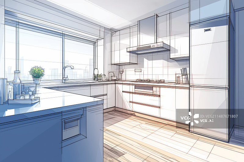 【AI数字艺术】线条感的厨房设计图片素材