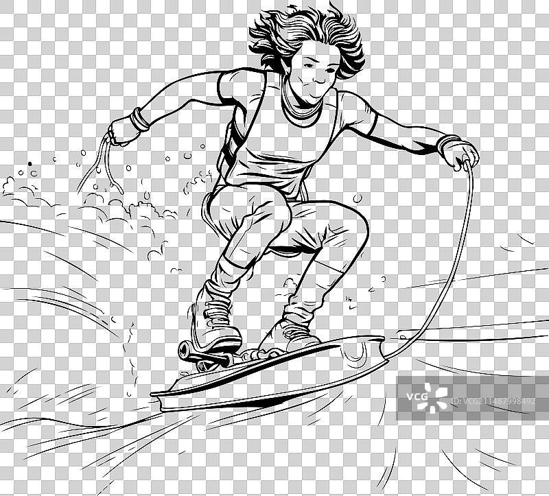 滑板手骑在黑白相间的波浪上图片素材