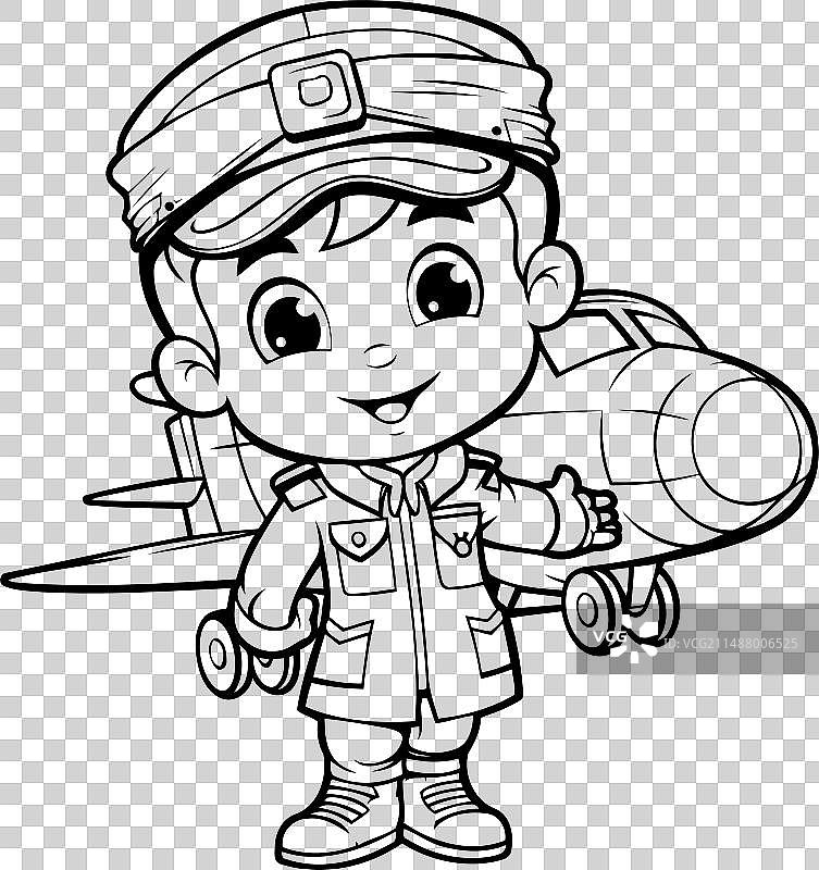 黑白卡通可爱的小男孩飞行员图片素材
