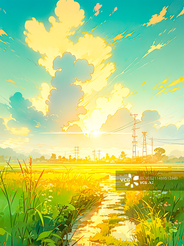 【AI数字艺术】夏日田野插画，蓝天白云午后阳光，远处有高压电线图片素材
