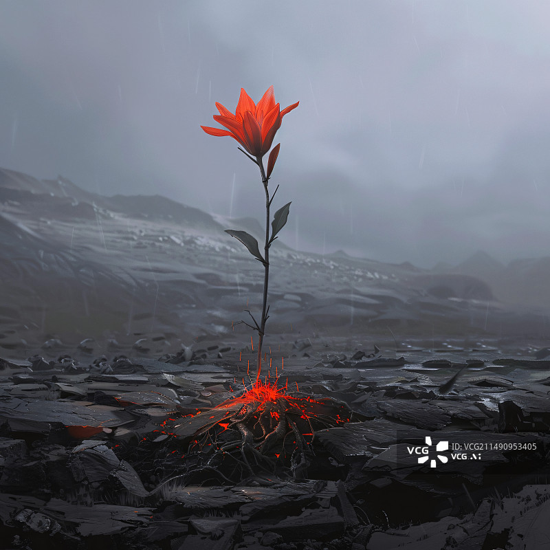 【AI数字艺术】滚烫的熔浆泥土里长出一朵鲜红的红花植物逆境绽放抽象概念表达图片素材