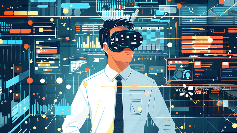 【AI数字艺术】一位戴着VR眼镜穿着白衬衫打领带的中国男性金融分析师在充满数据的虚拟环境中图片素材