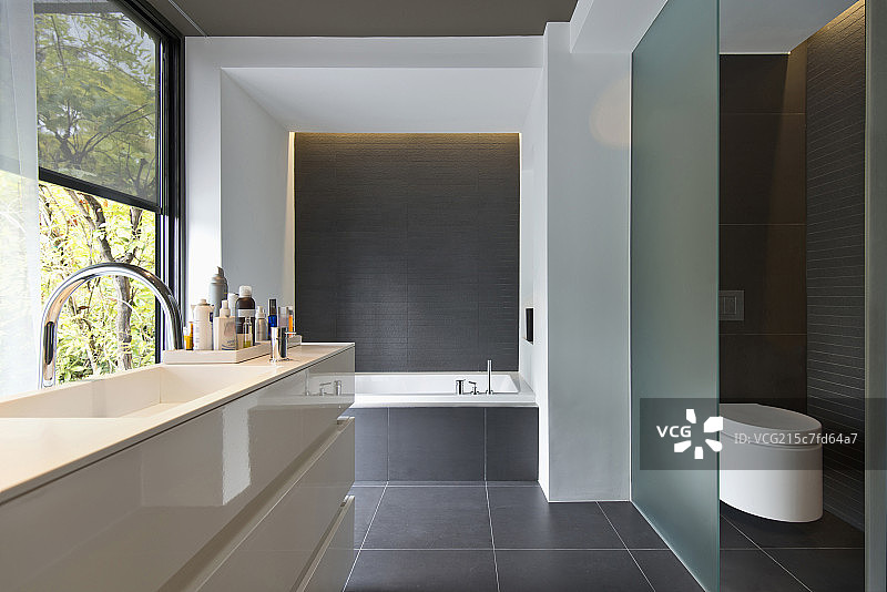 Contemporary bathroom with bath and commode图片素材