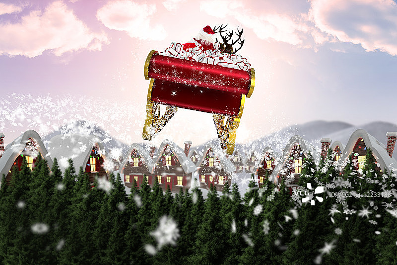 圣诞老人驾着雪橇迎着数字生成的雪景飞行图片素材