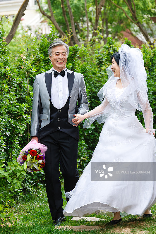 东方老年夫妇穿婚纱图片素材