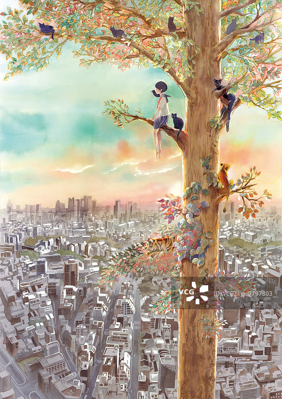 树木和城市景观插图图片素材