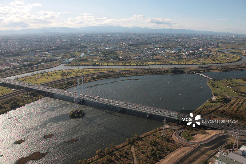 荒川河和桥的鸟瞰图，埼玉县，日本本州图片素材