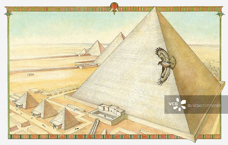吉萨金字塔和猎鹰在空中飞行的插图图片素材