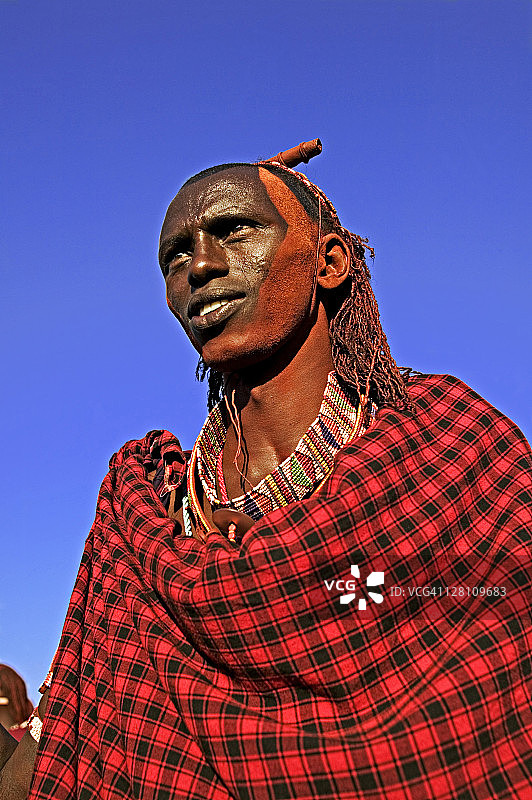 马赛人。男性通常将赭石和油混合，将头发和皮肤染成红色。肯尼亚安博塞利国家公园附近图片素材