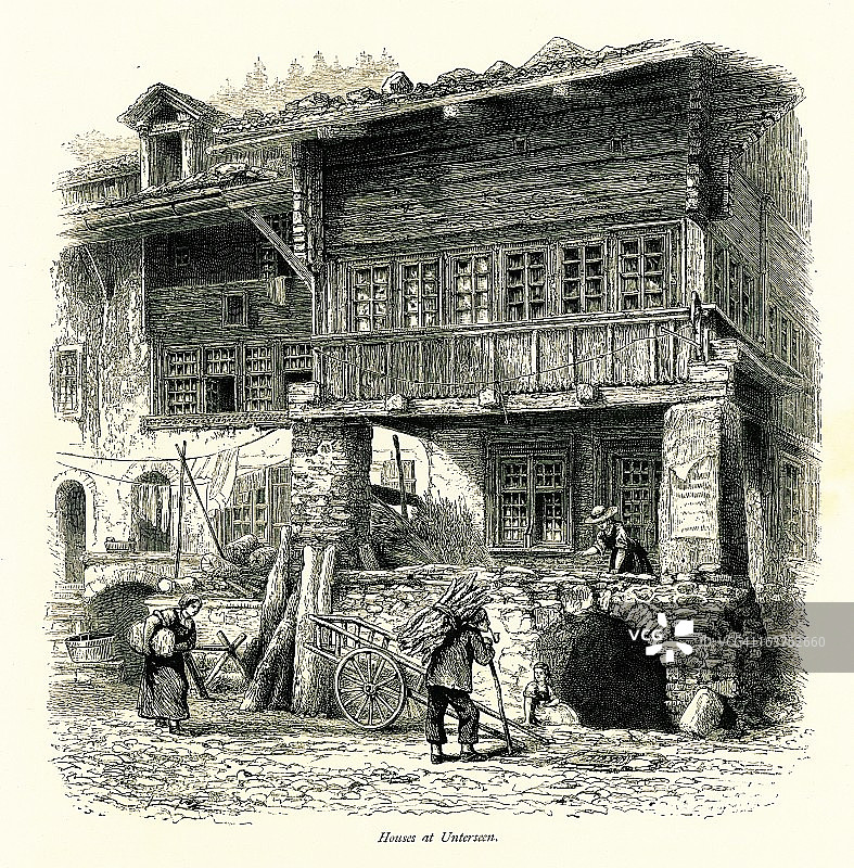 房屋在Unterseen，瑞士I古董欧洲插图图片素材