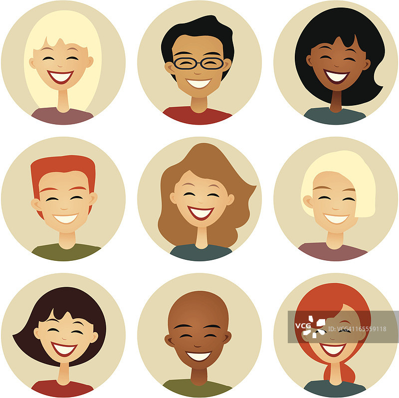 多样性:圈子里的九个笑脸:复古风格图片素材