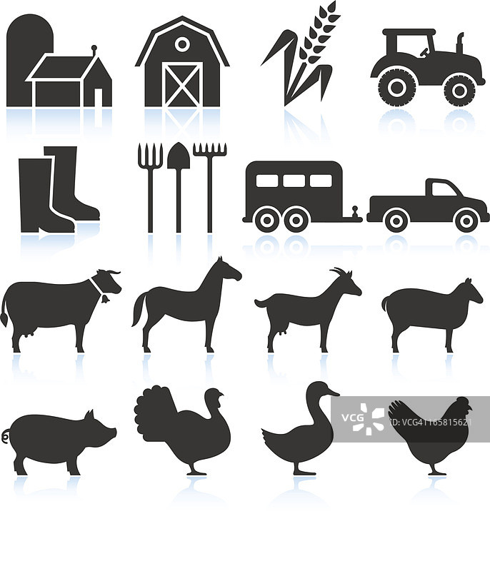 农场设备和动物黑白矢量图标设置图片素材